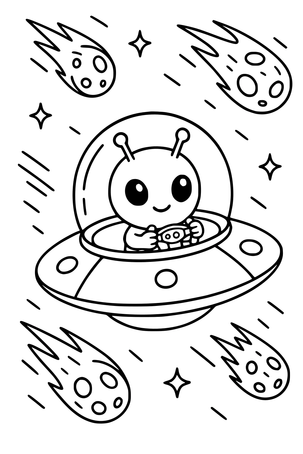 Smiling cartoon alien piloting a round UFO with a glass dome, comets streaking by and small stars around, simple bold outlines.