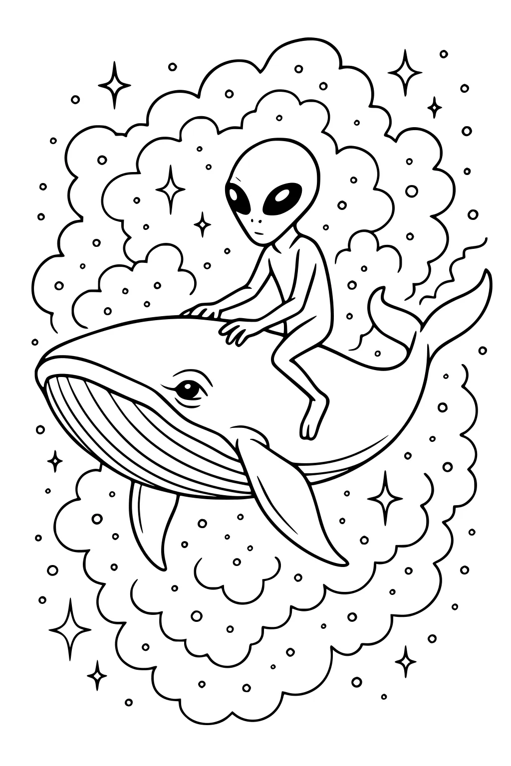 Alien boy riding a whale through space, surrounded by stars and puffy cosmic clouds, with the whale's tail curled and ribbed throat lines.
