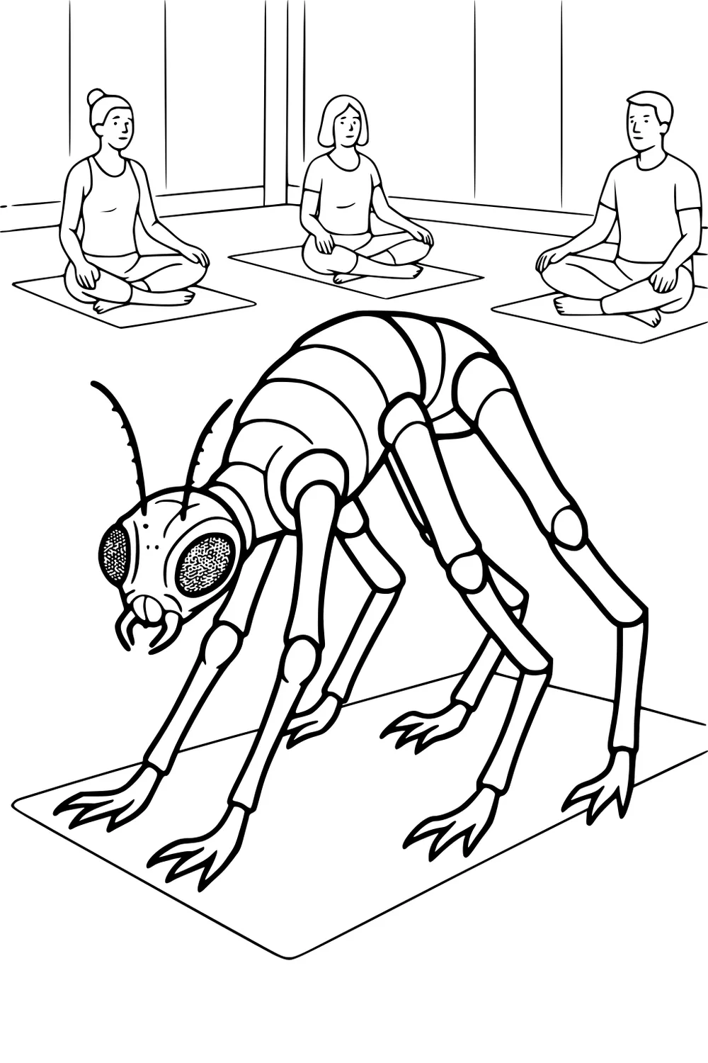 Bug-like alien doing downward dog on a yoga mat while two women and a man sit cross-legged behind him in a studio.