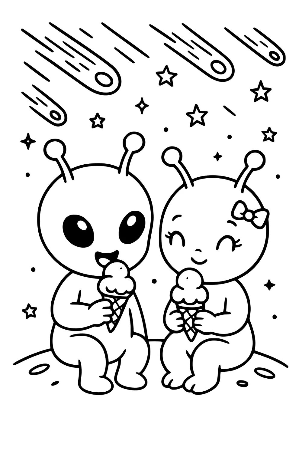 Two aliens with antennae sit on a small moon, eating ice cream while stars and meteors streak across the night sky.
