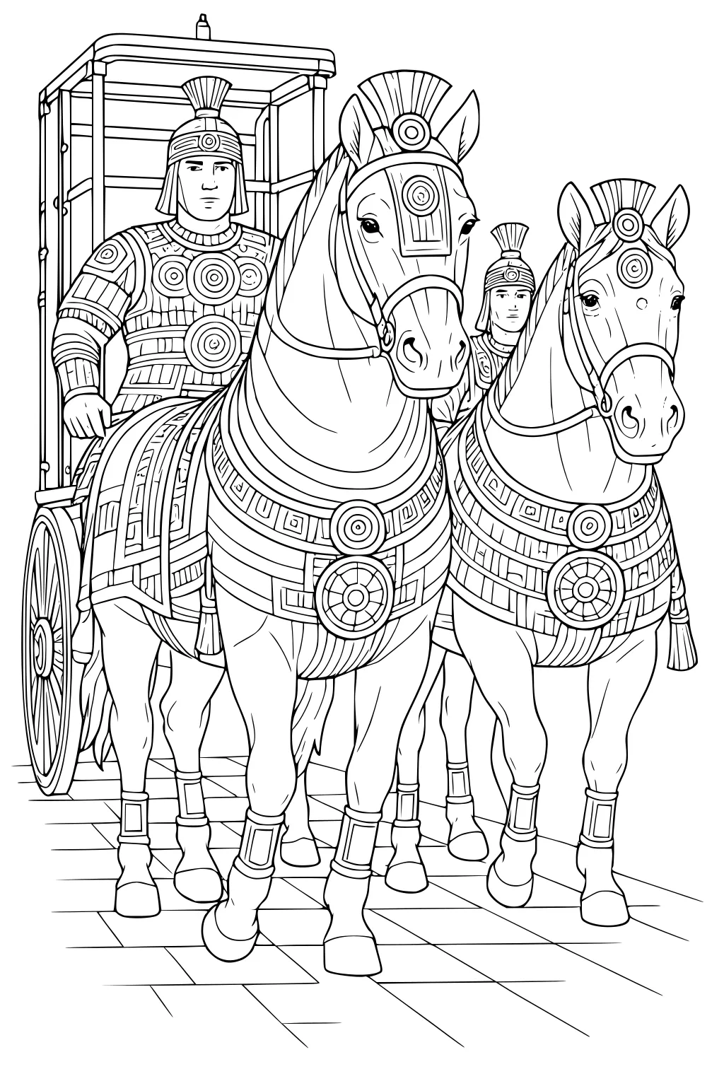 Two armored horses pulling a chariot with two warriors in detailed ancient armor, lined paving stones beneath their feet.