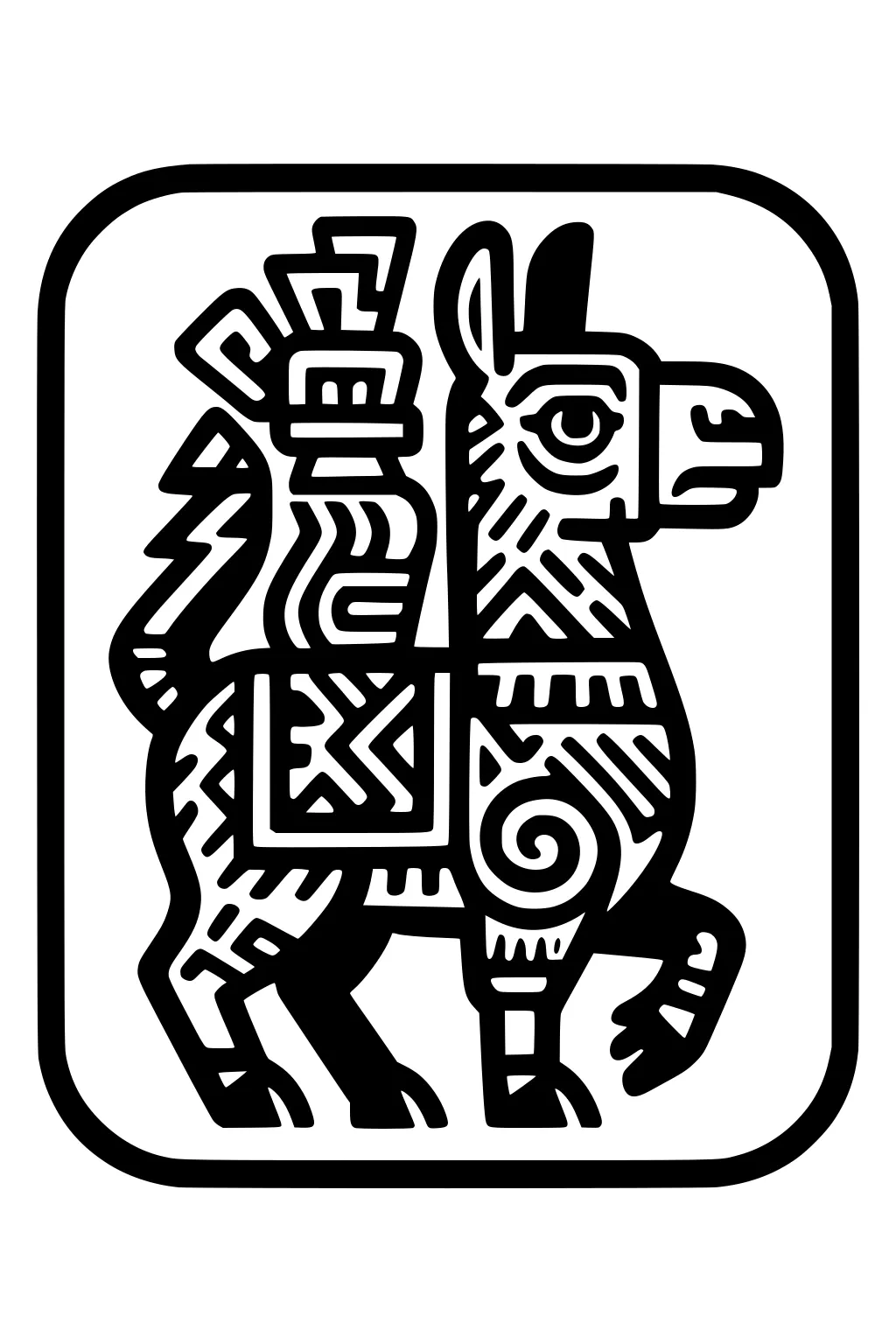 Cartoon llama decorated in geometric patterns, standing inside a thickly-lined rectangular frame.