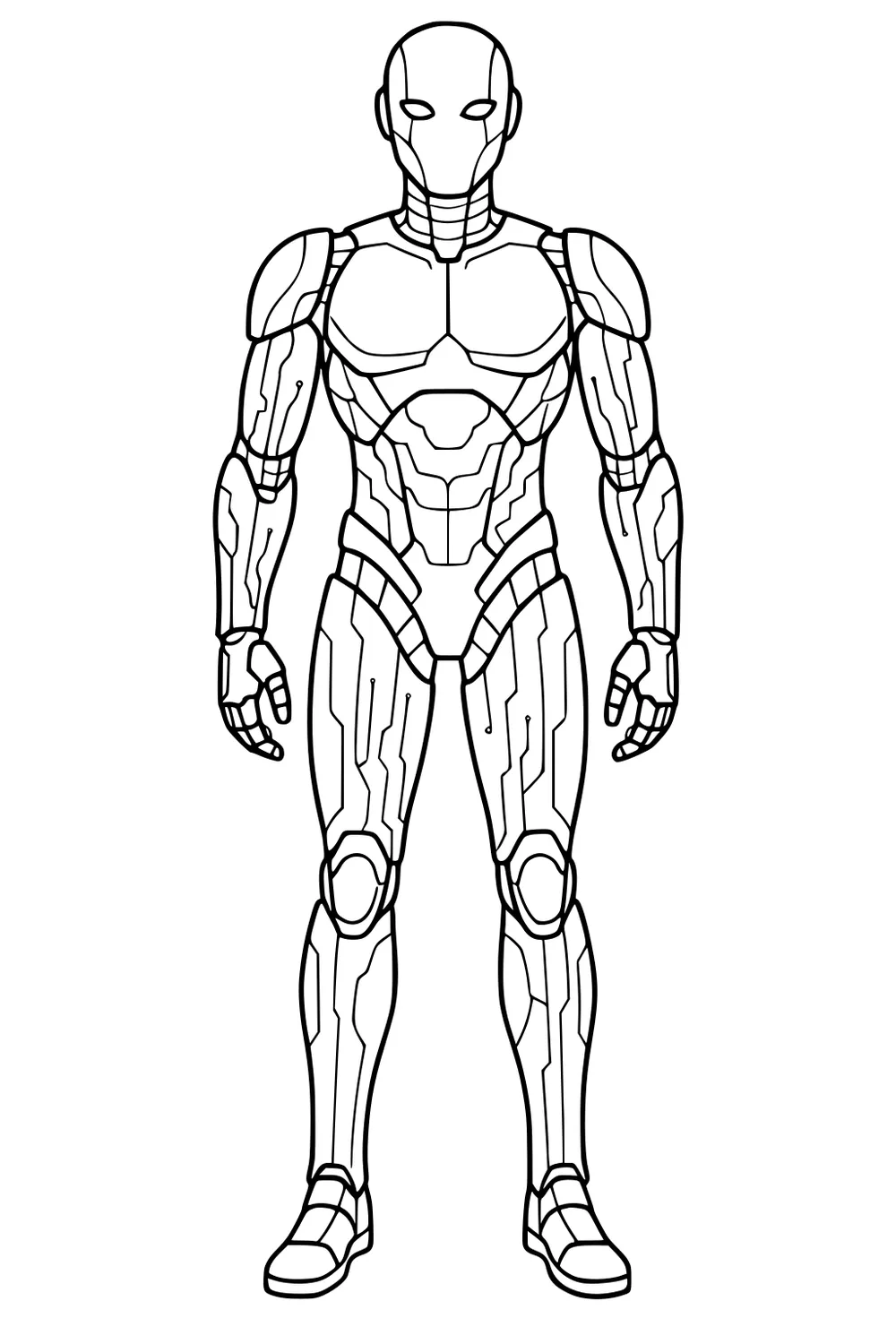 Front view android robot with smooth helmet, armor panels, circuit lines, open hands, knee pads, and boots in outlined black line art.