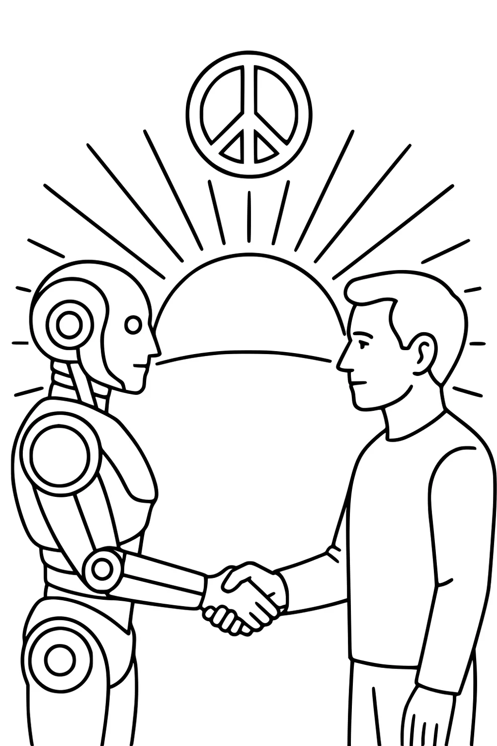 A man and a humanoid robot shake hands under a rising sun with a peace symbol and rays, simple cartoon line art.