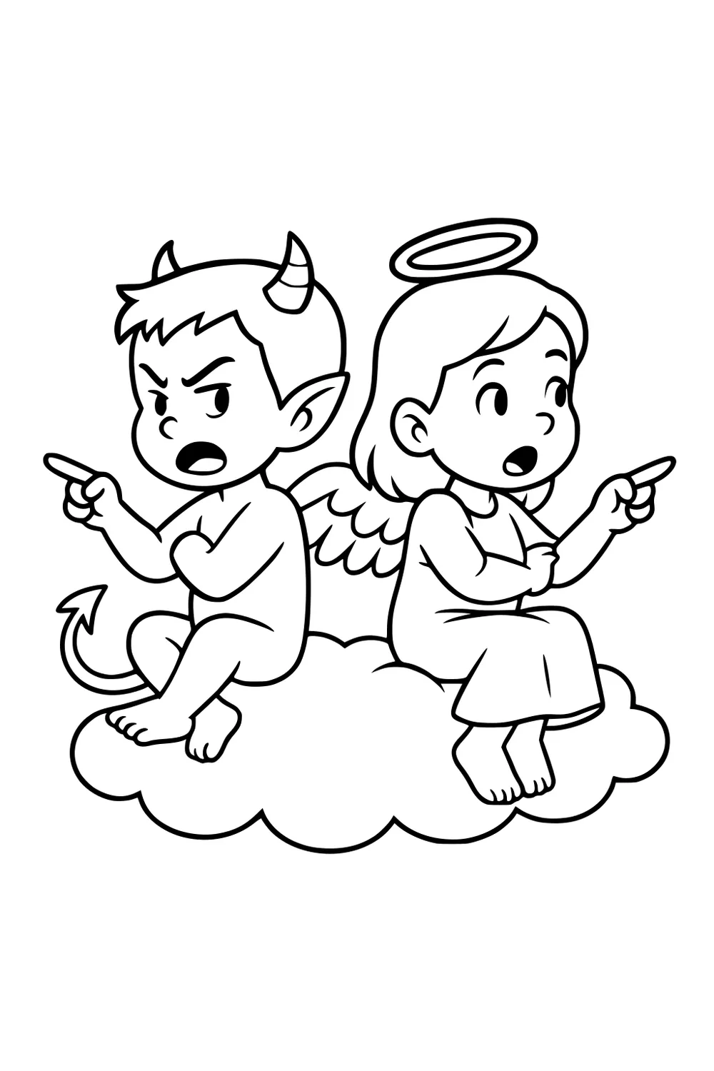 Little devil boy with horns and tail and angel girl with halo and wings sit back-to-back on a cloud, pointing opposite directions.