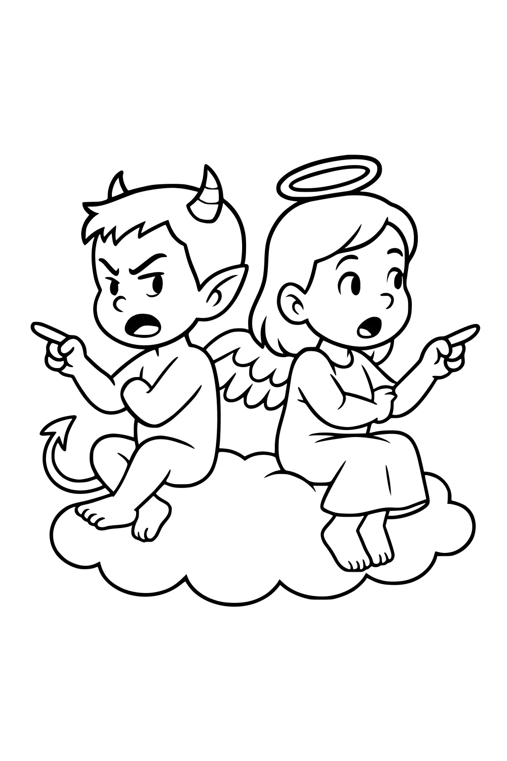 Little devil boy with horns and tail and angel girl with halo and wings sit back-to-back on a cloud, pointing opposite directions.