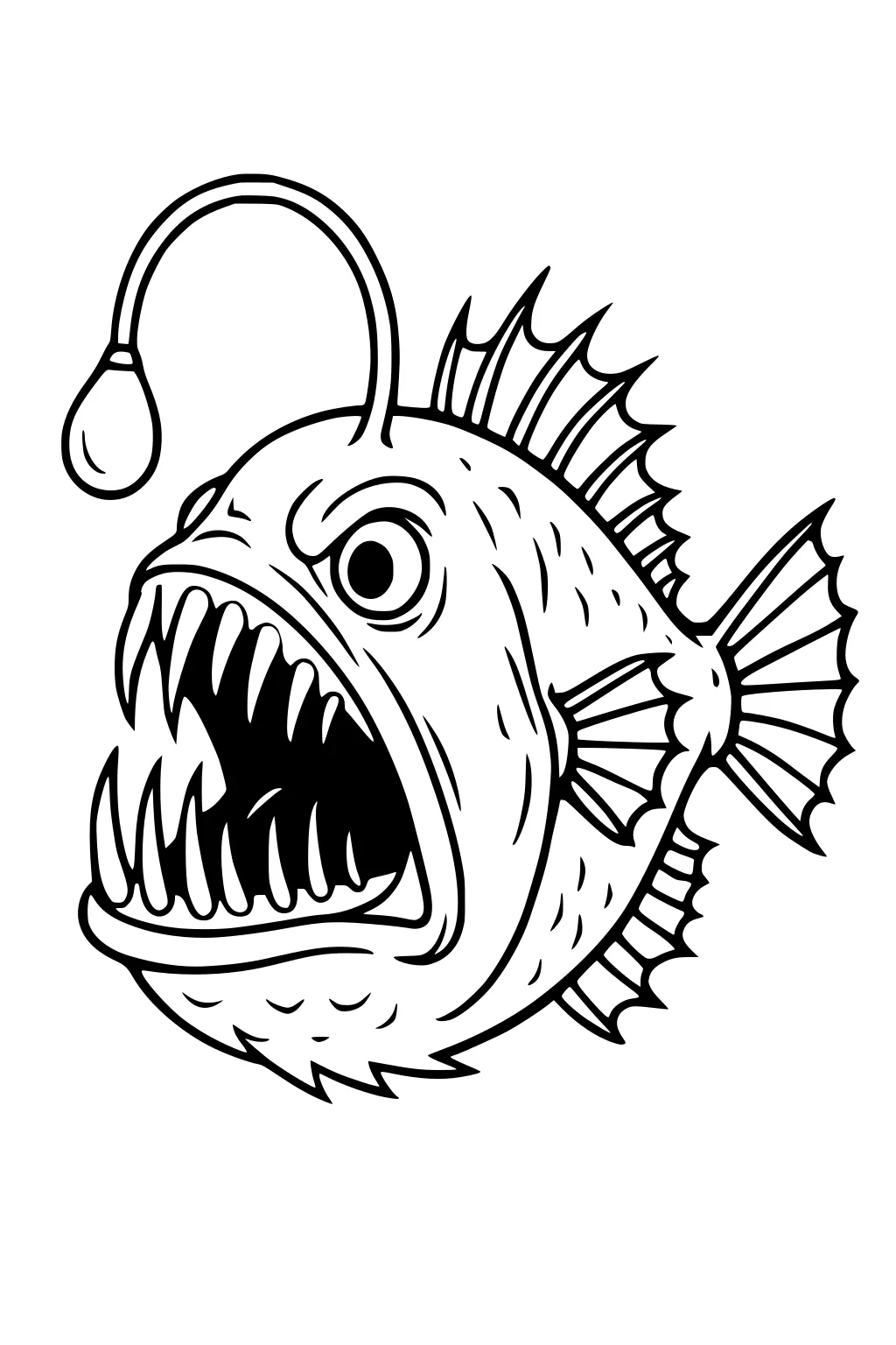 Deep-sea anglerfish monster with gaping mouth, sharp teeth, big eye, spiky fins, and a bulb lure on a forehead stalk.