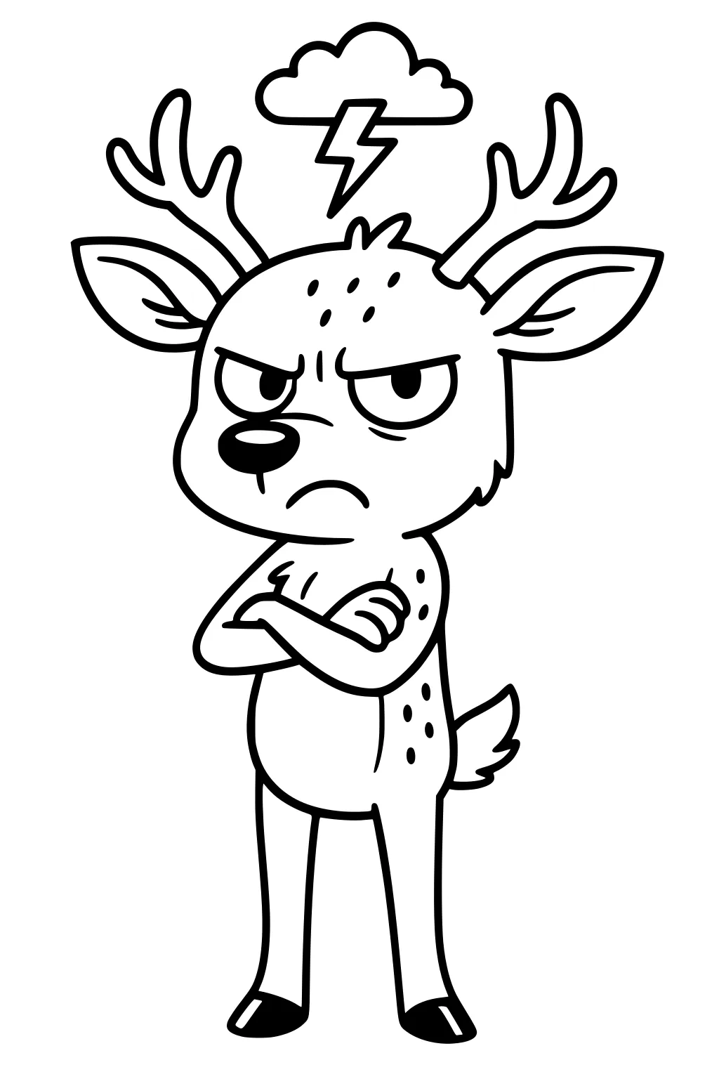 Cartoon deer with crossed arms and a storm cloud with lightning above his head, looking angry.