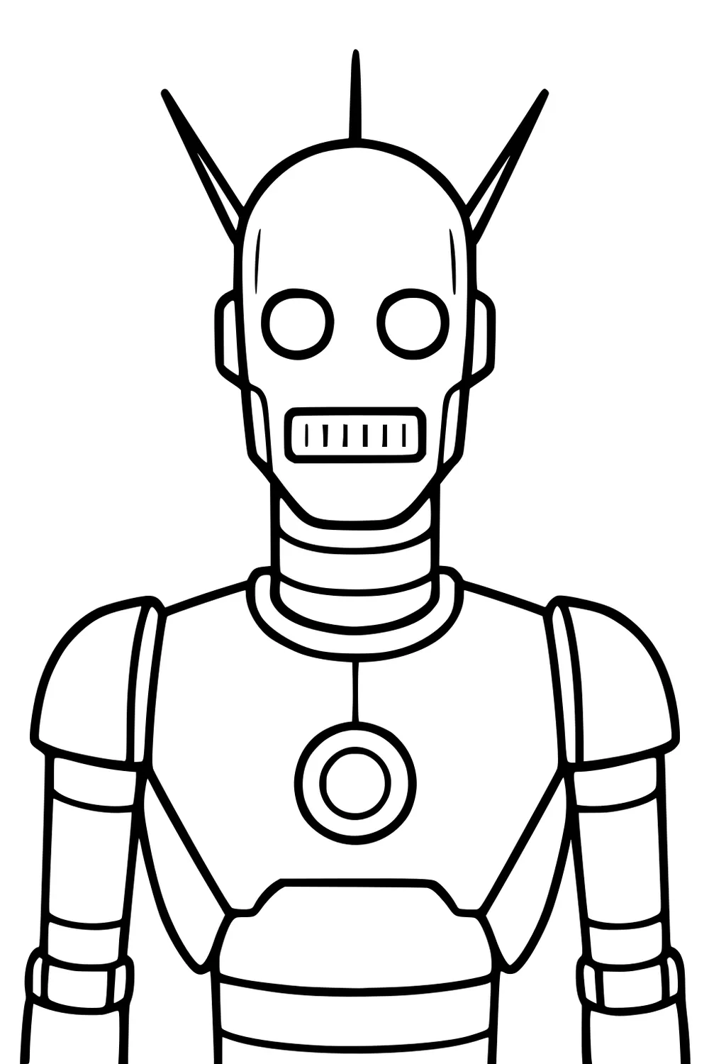 Front view cartoon robot with round eyes, slotted mouth, two head antennas, circular chest core, segmented neck, and banded arms.