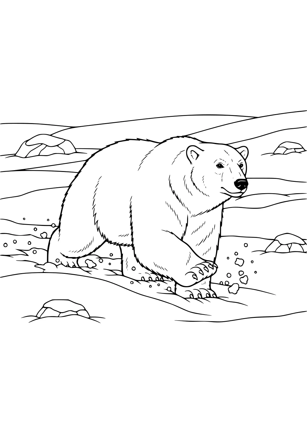 Polar bear walking on snow with rocks and hills in the background.