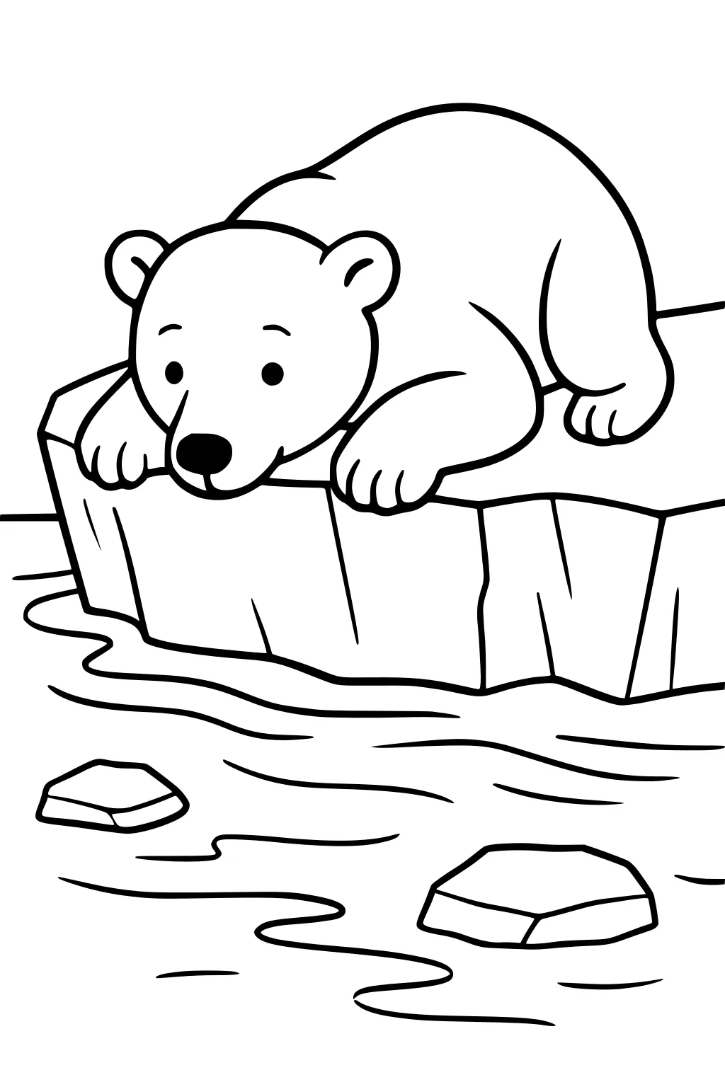 Polar bear cub lying on an ice floe, gazing at floating ice pieces in the water below.