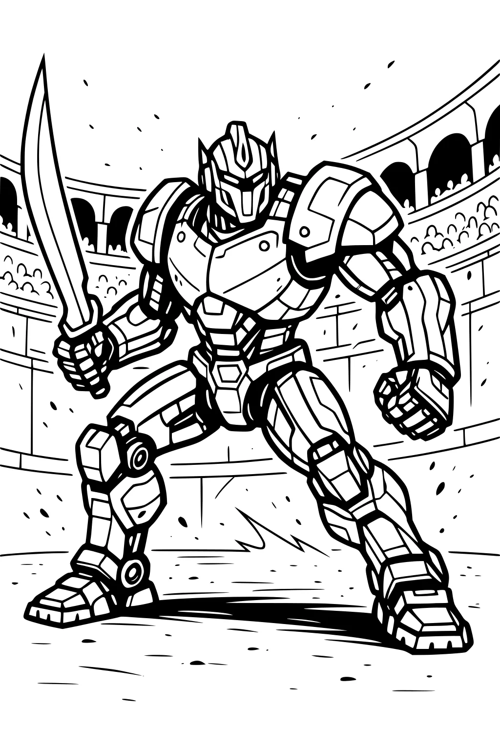 Armored robot with sword in a coliseum, action pose on sandy ground, crowd in arches, bold outlines and segmented armor plates.