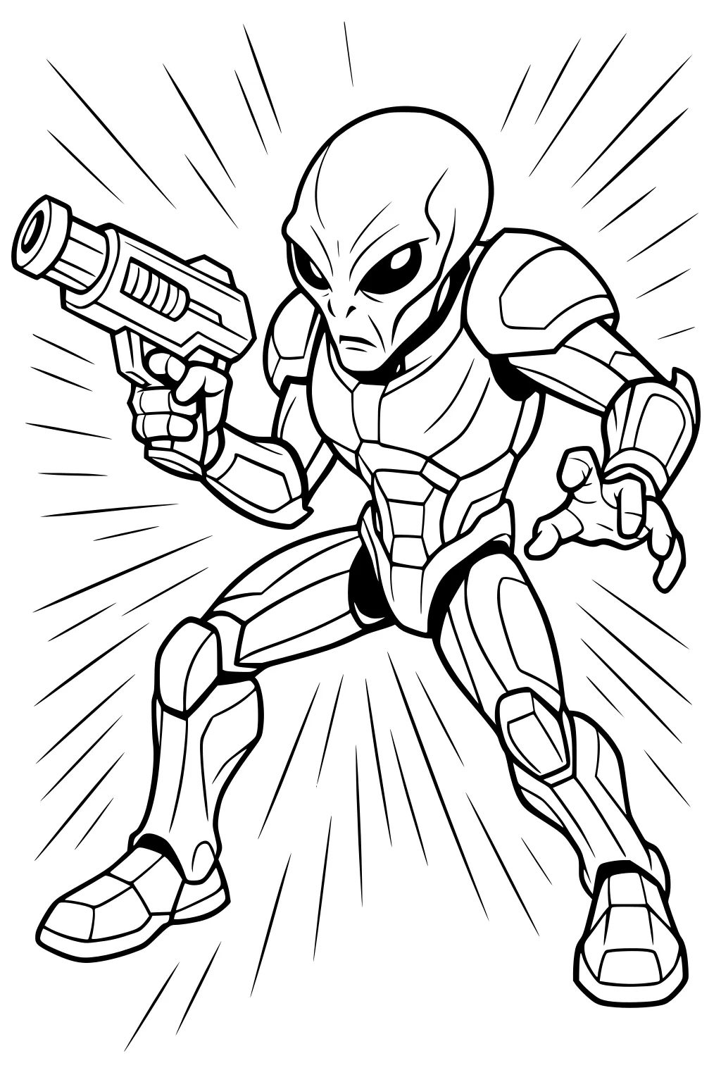 Armored alien with big eyes aiming a laser blaster, stepping forward with one hand out and action lines around his body.