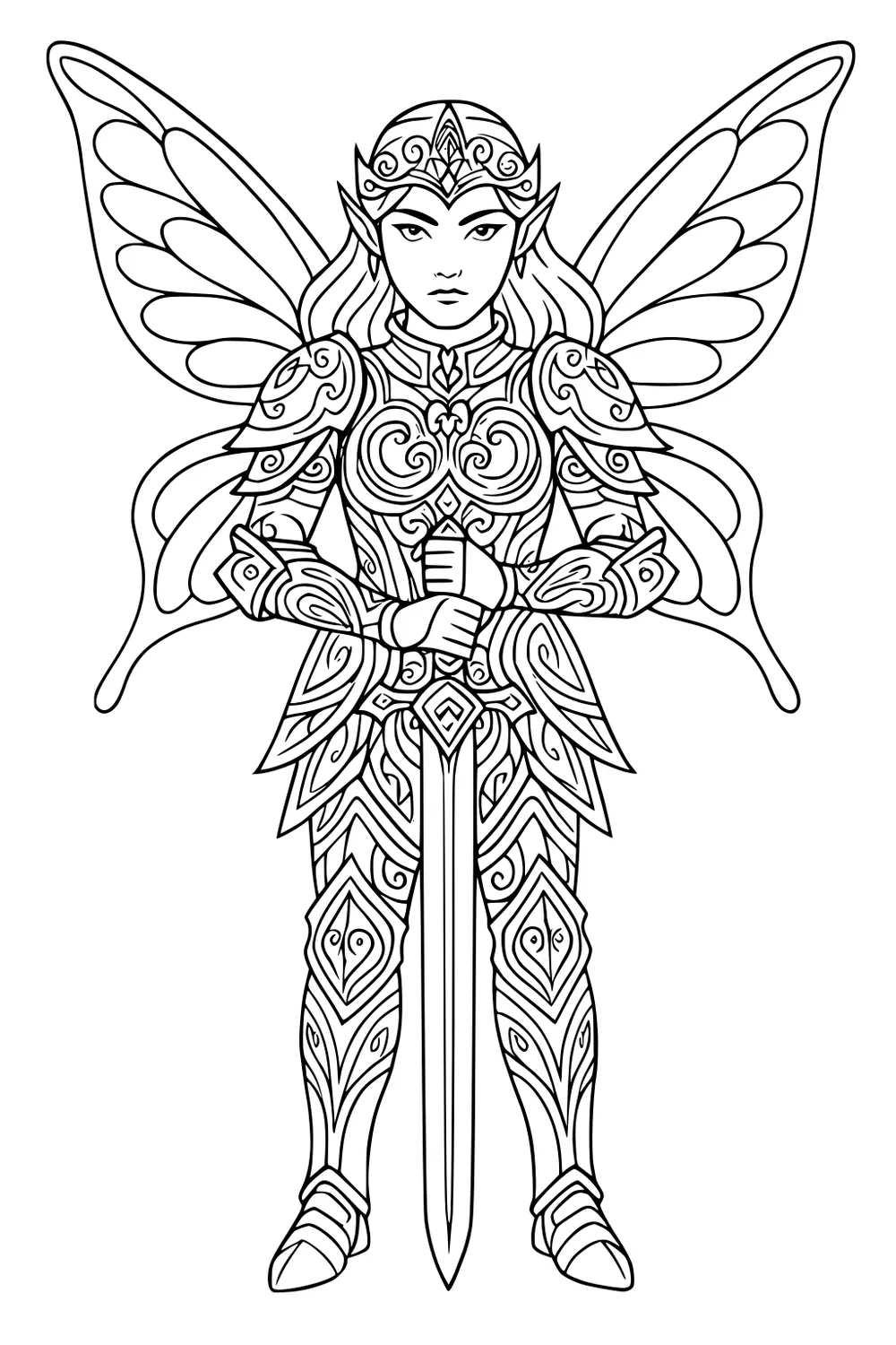 Armored fairy girl with tiara and large wings holds a long sword, standing front-facing with ornate patterns across her armor.