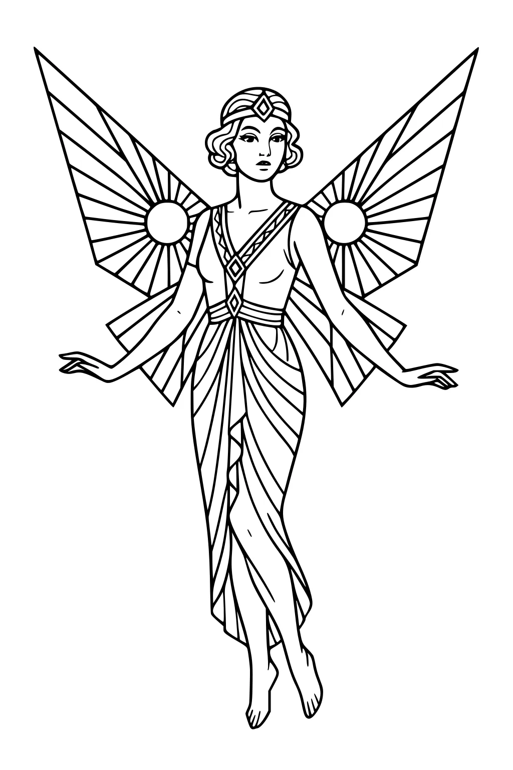 Fairy woman floating with large geometric wings, sun-circle motifs, flowing draped dress, tiara, and outstretched arms.