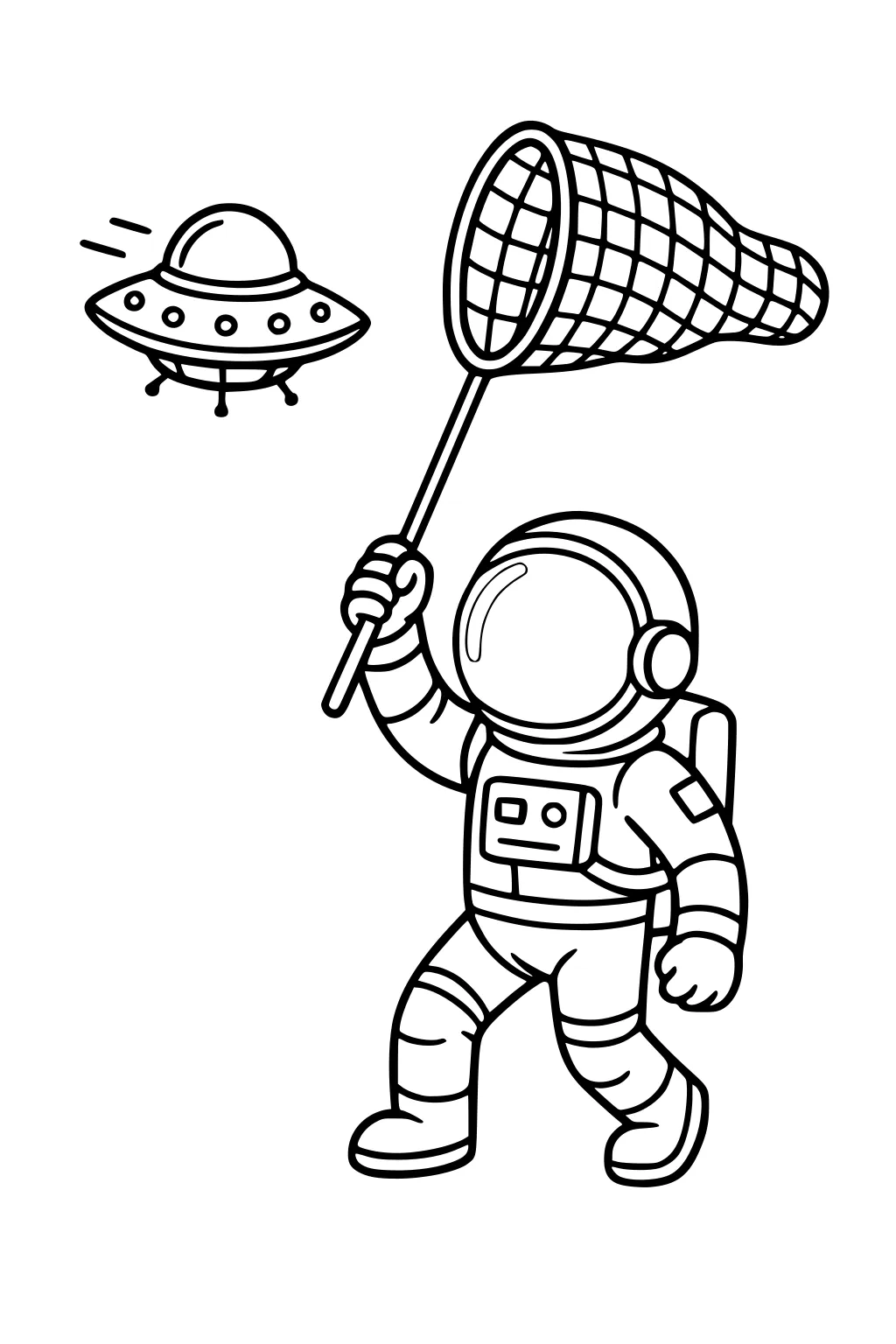 Boy astronaut in spacesuit runs with a big net, chasing a small UFO flying saucer with motion lines on a white background.