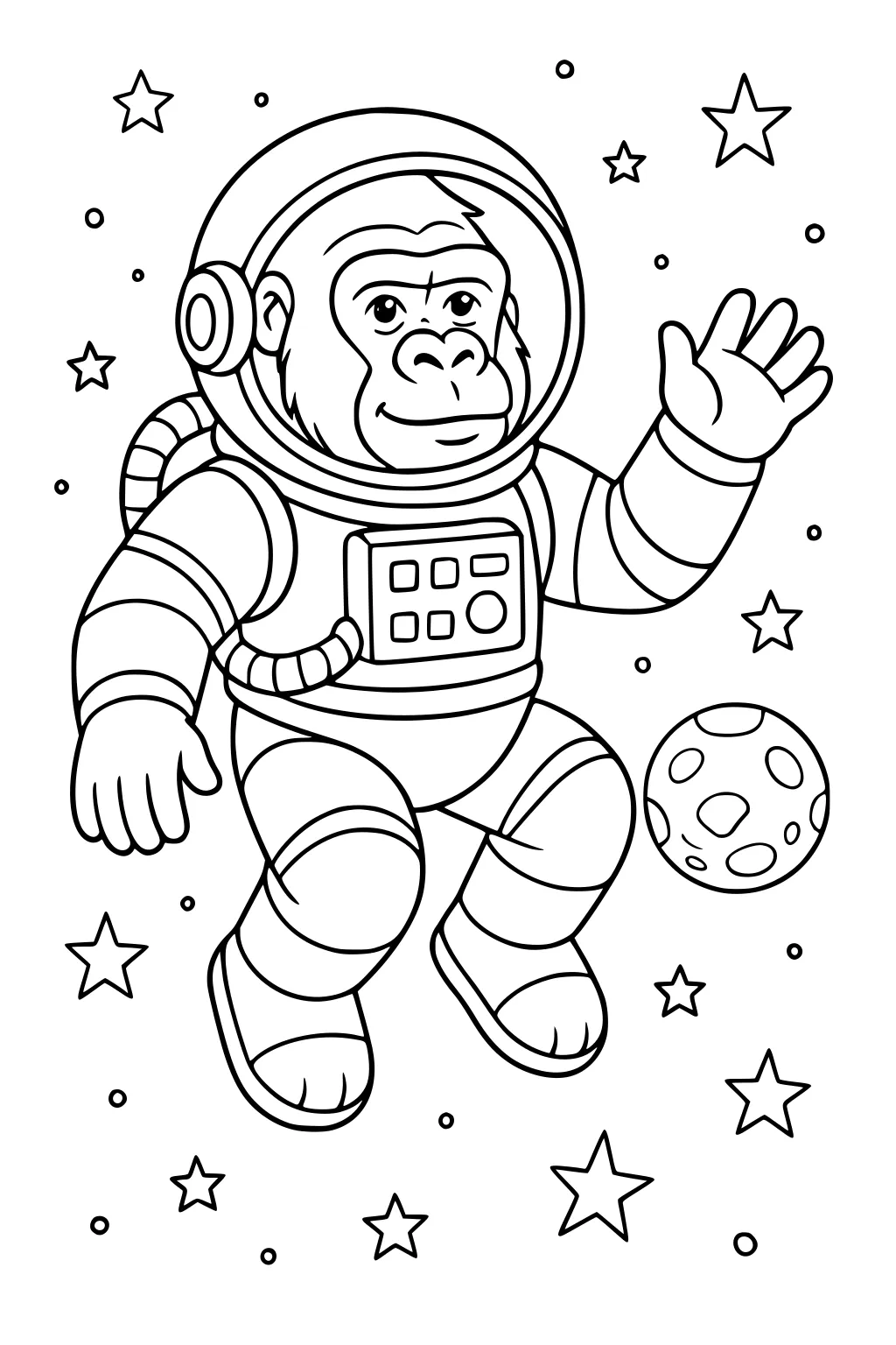 Gorilla in an astronaut suit smiling and waving, floating in space with stars and a planet.