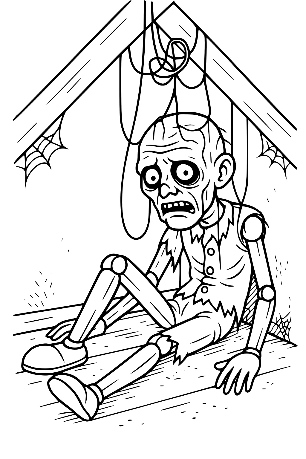Marionette boy with zombie face on attic floor; tangled strings above, cobwebs, wooden joints, torn clothes, big shoes.