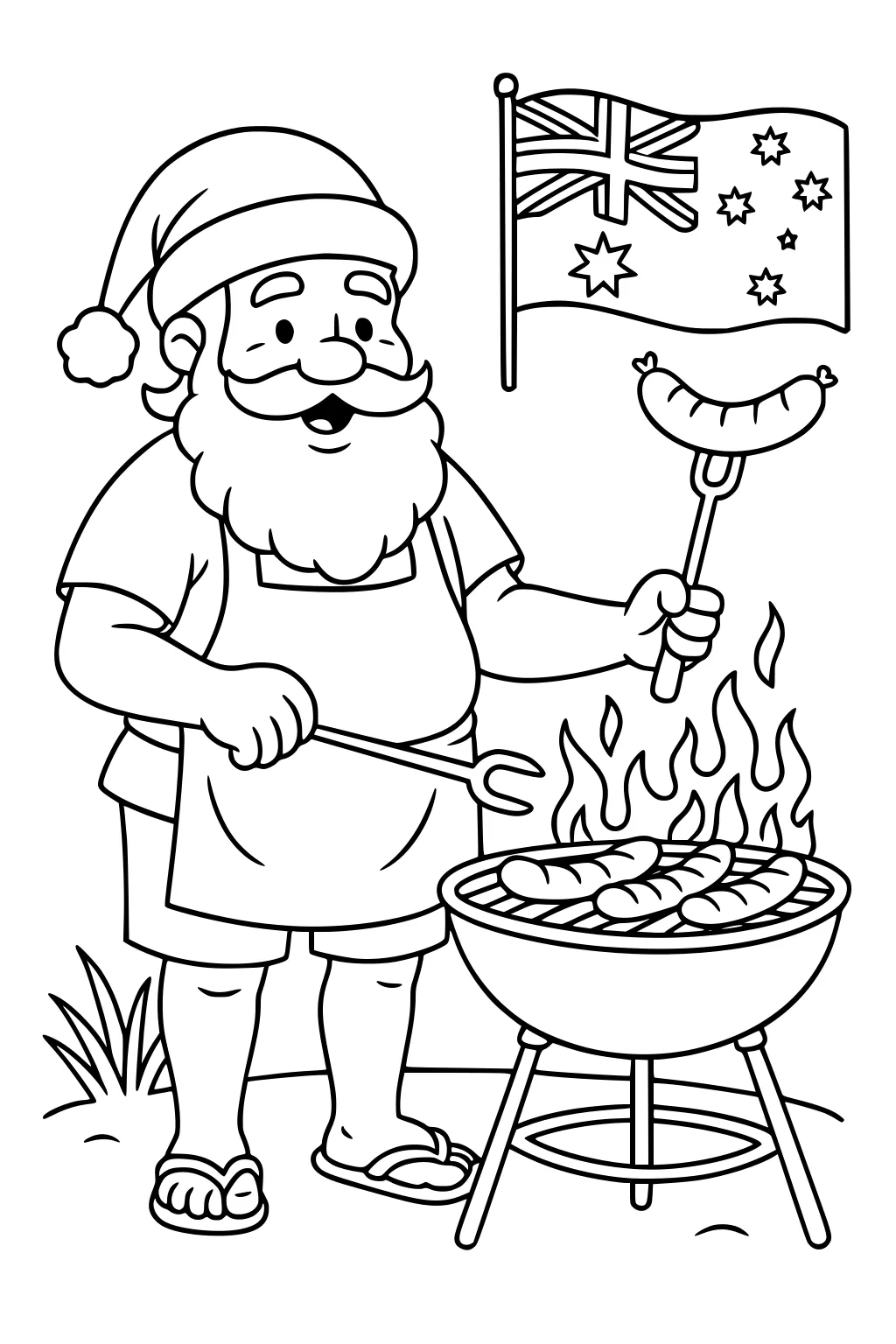 Santa grilling sausages at a barbecue wearing apron and flip-flops, Australian flag waving behind.