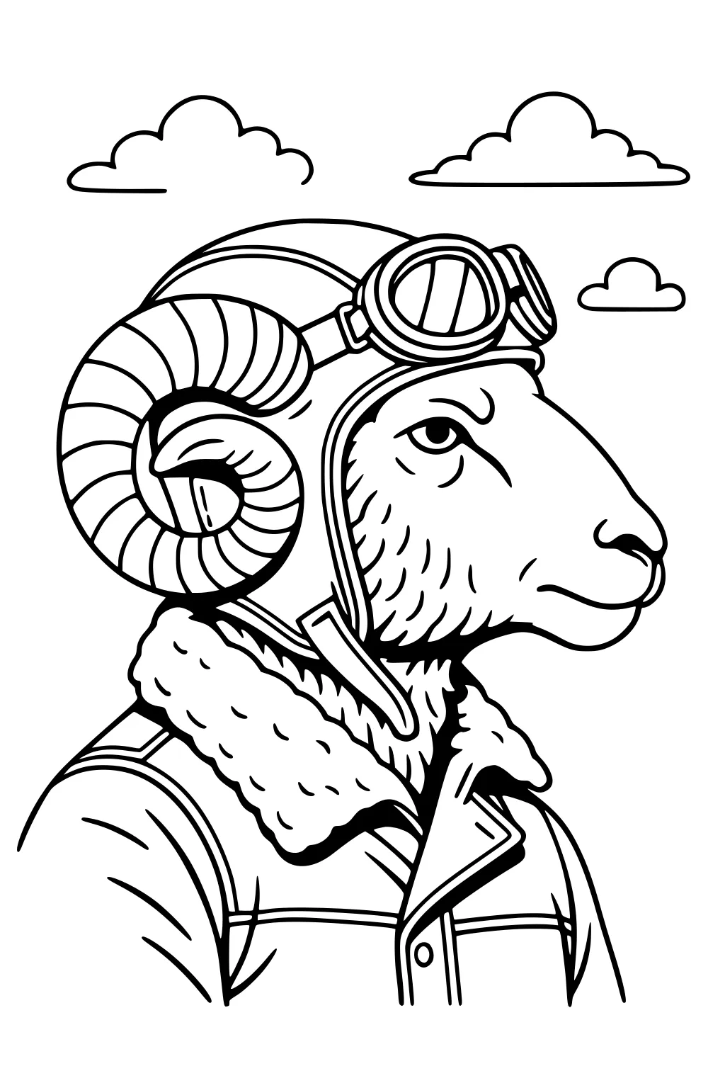 Sheep with spiral horns wearing an aviator helmet, goggles, and a jacket, with clouds in the sky.