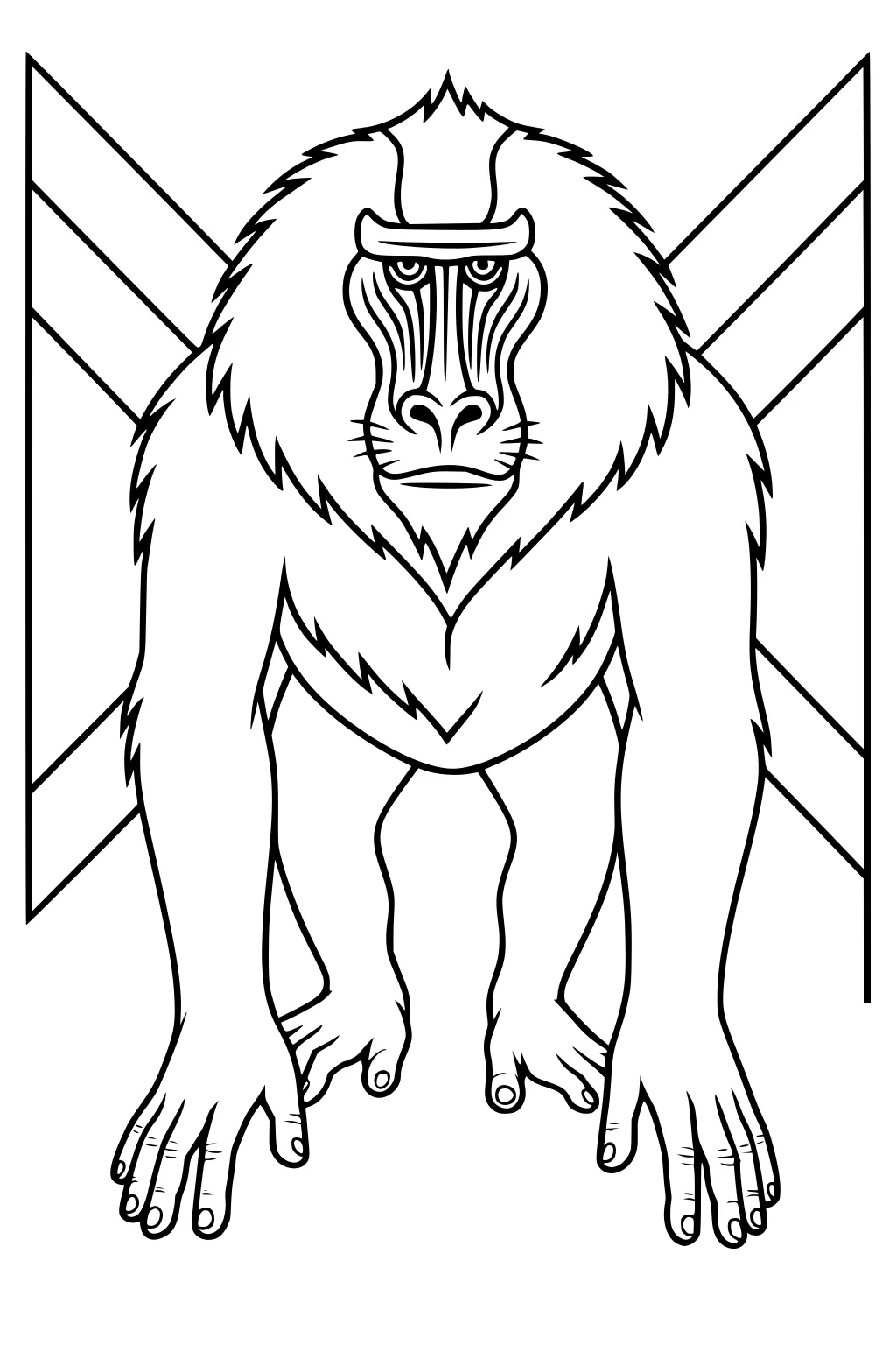 Mandrill baboon with striped face, large mane, long arms, and geometric background triangles.