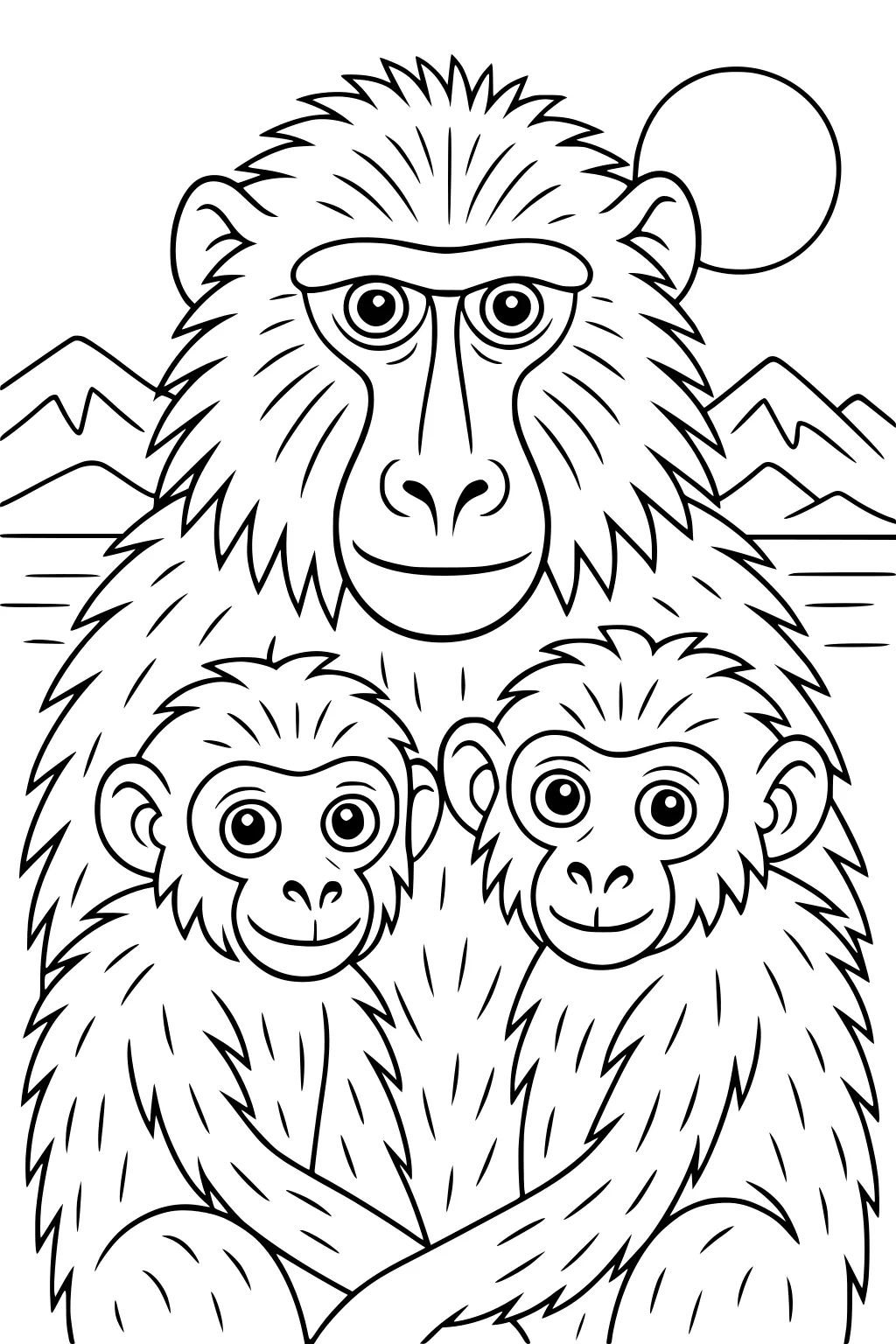 Mother baboon with two baby baboons in her lap, mountains and sun behind them.