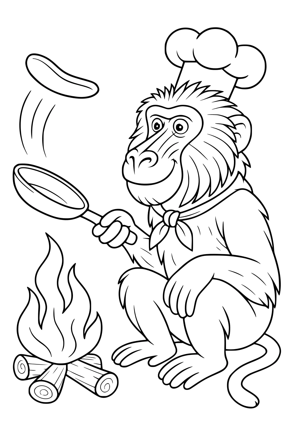 Baboon in chef hat flips pancake over campfire with frying pan and wears a scarf around his neck.