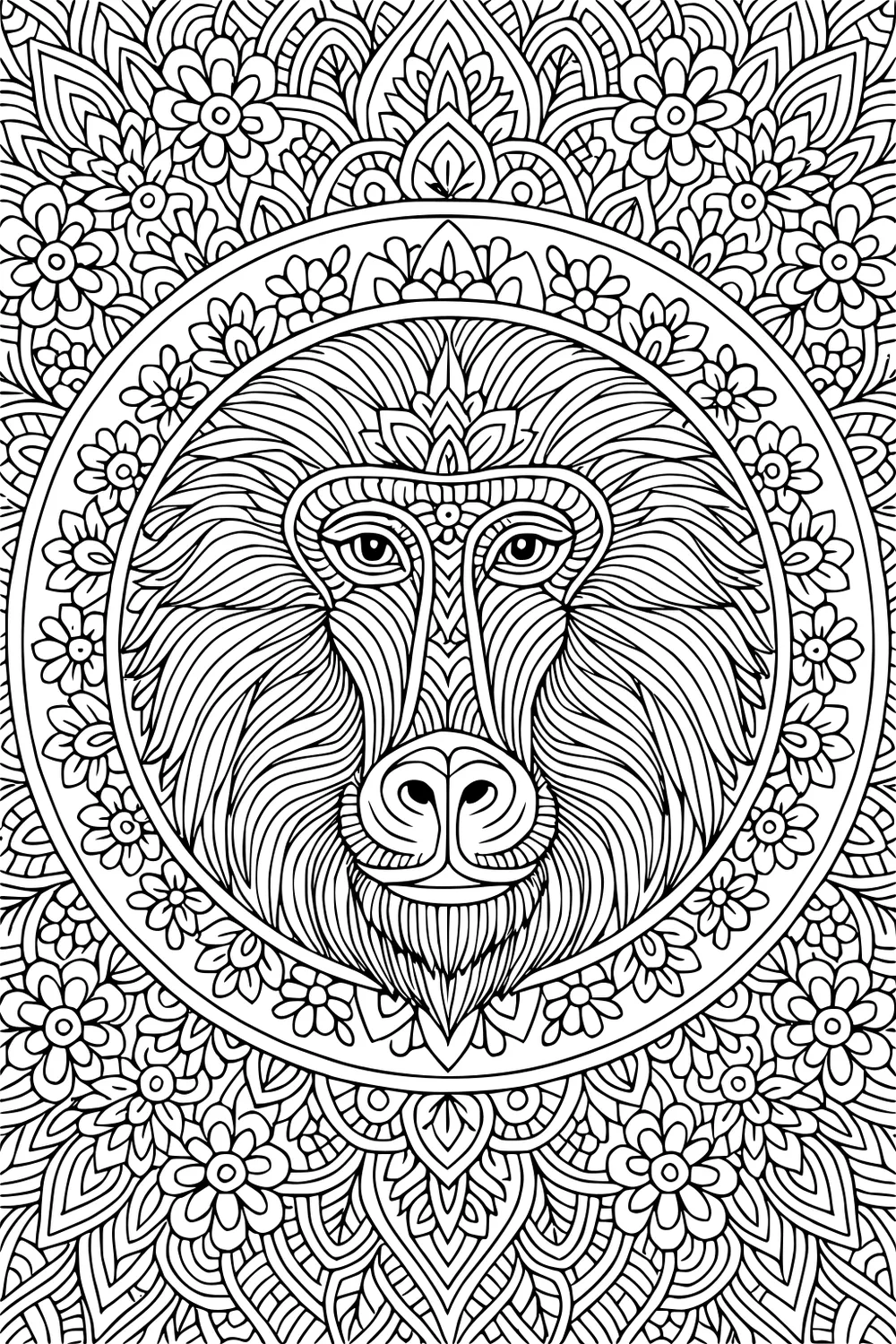 Baboon face with wavy fur patterns, surrounded by intricate floral designs and leaves inside a decorated circle.