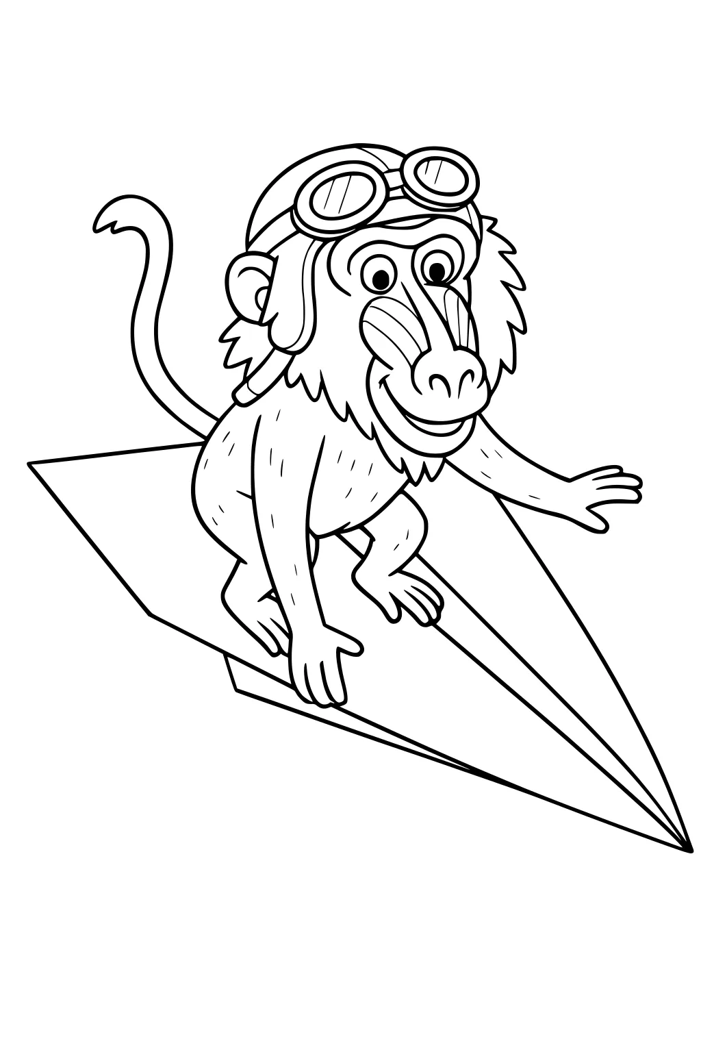 Baboon with pilot goggles rides on a paper airplane, arms out and tail curling, ready for coloring.