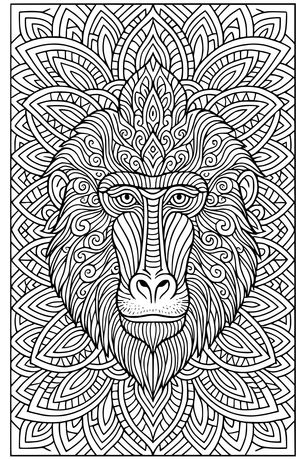 Intricate baboon face with swirly fur and a decorative patterned background of leaves and shapes.
