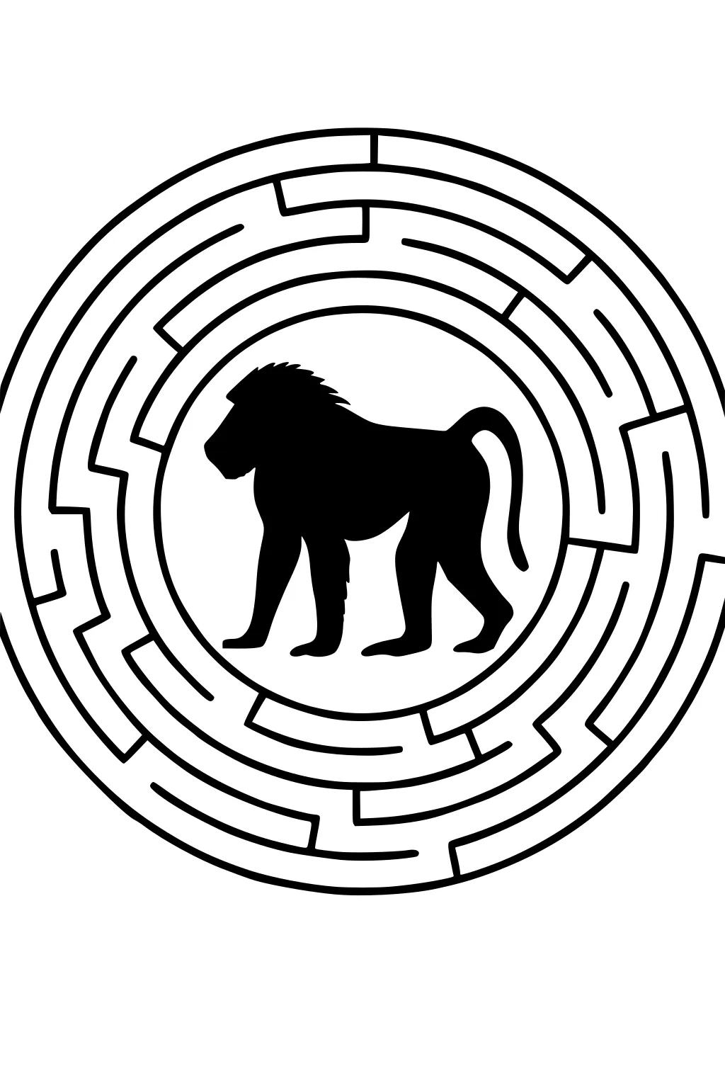 Baboon silhouette in the center of a circular maze with bold black outlines.