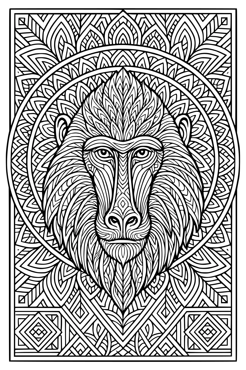 Baboon face with layered fur and geometric backgrounds in a detailed, symmetrical black and white drawing