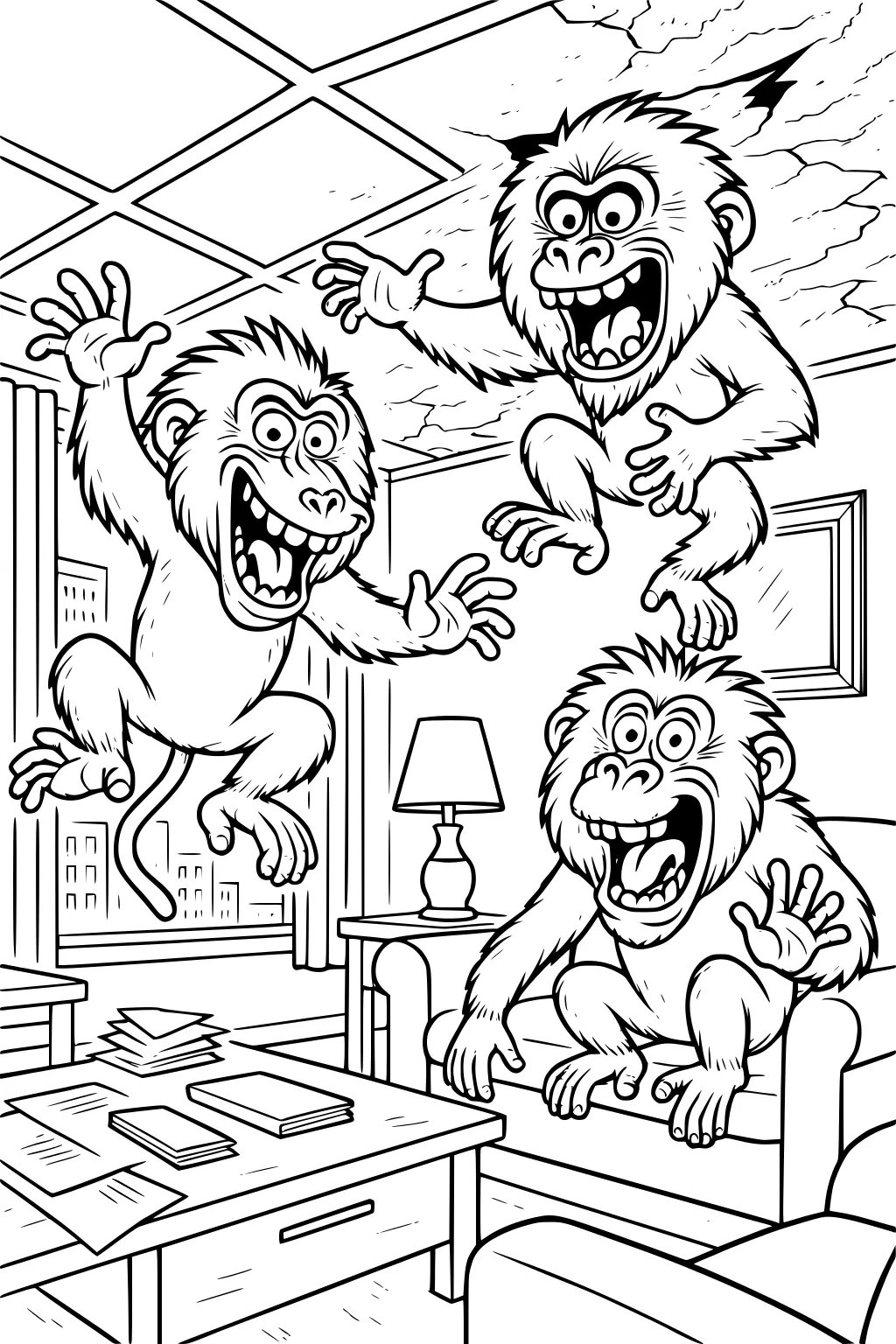 Three cartoon baboons make a mess in a living room by jumping, waving, and grinning among tables, couches, and papers.