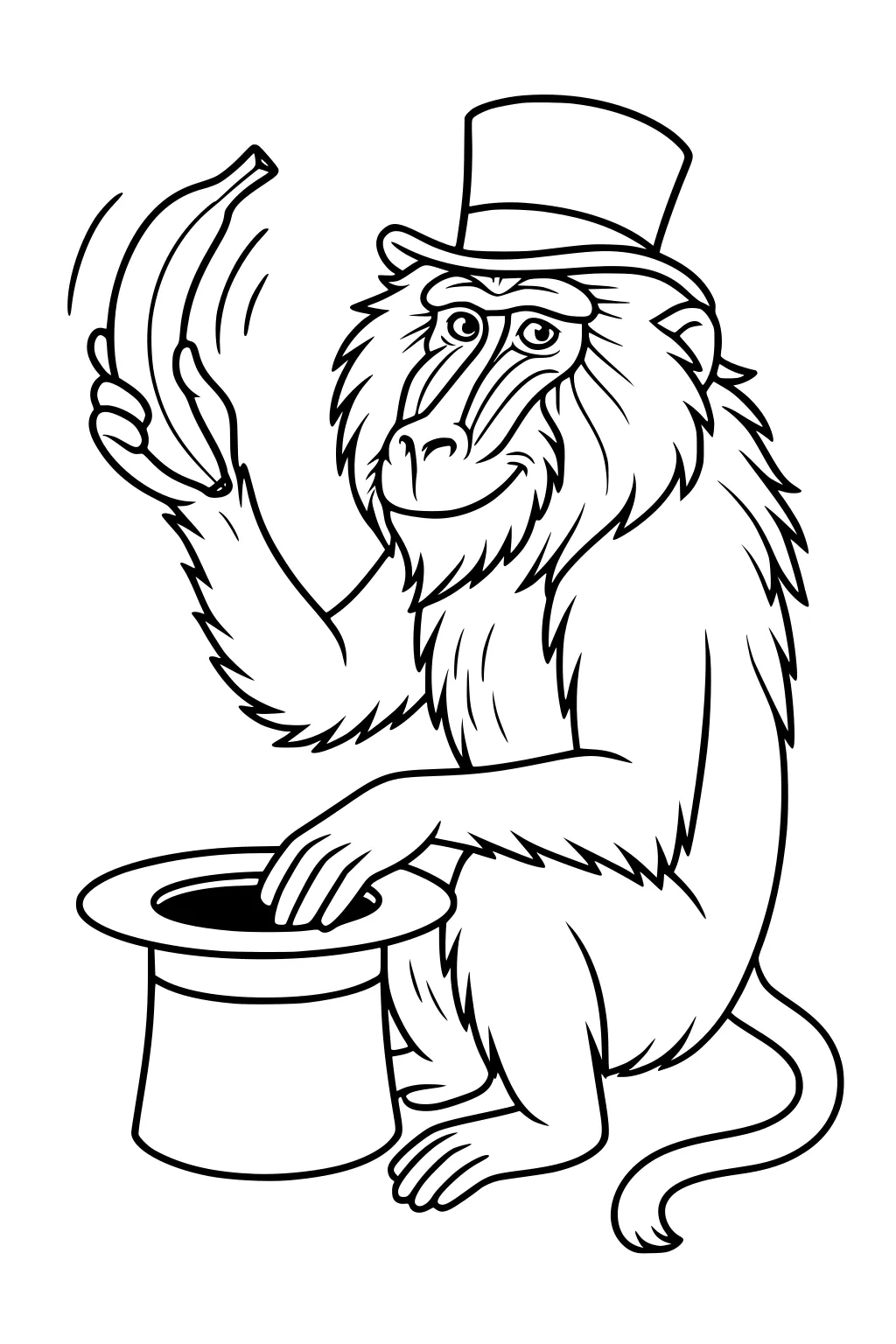 Baboon wearing a top hat, sitting, lifting a banana with one hand, and touching a magician hat with the other.
