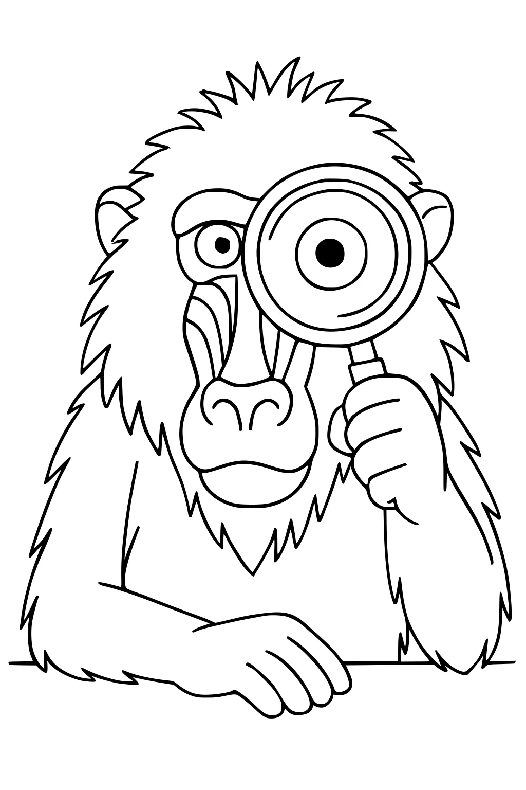 Cartoon baboon with shaggy fur holding a magnifying glass to one eye, sitting at a table, looking forward.