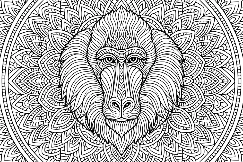 Baboon face with large mane and mandala background packed with detailed geometric patterns.