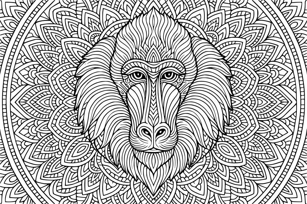 Baboon face with large mane and mandala background packed with detailed geometric patterns.