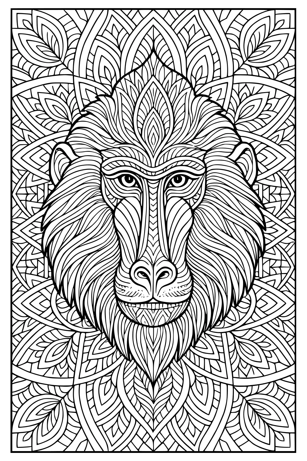 Baboon face with intricate line patterns, leafy shapes and swirling abstract designs in the background.