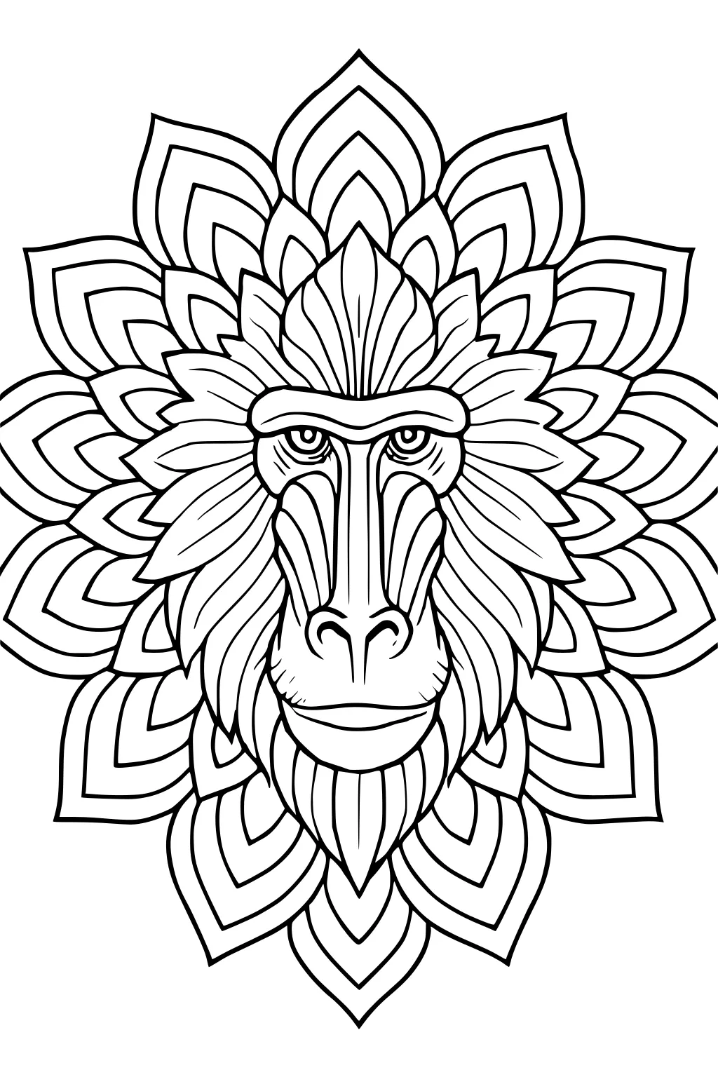 Baboon face surrounded by a leafy, layered mane in bold black outlines