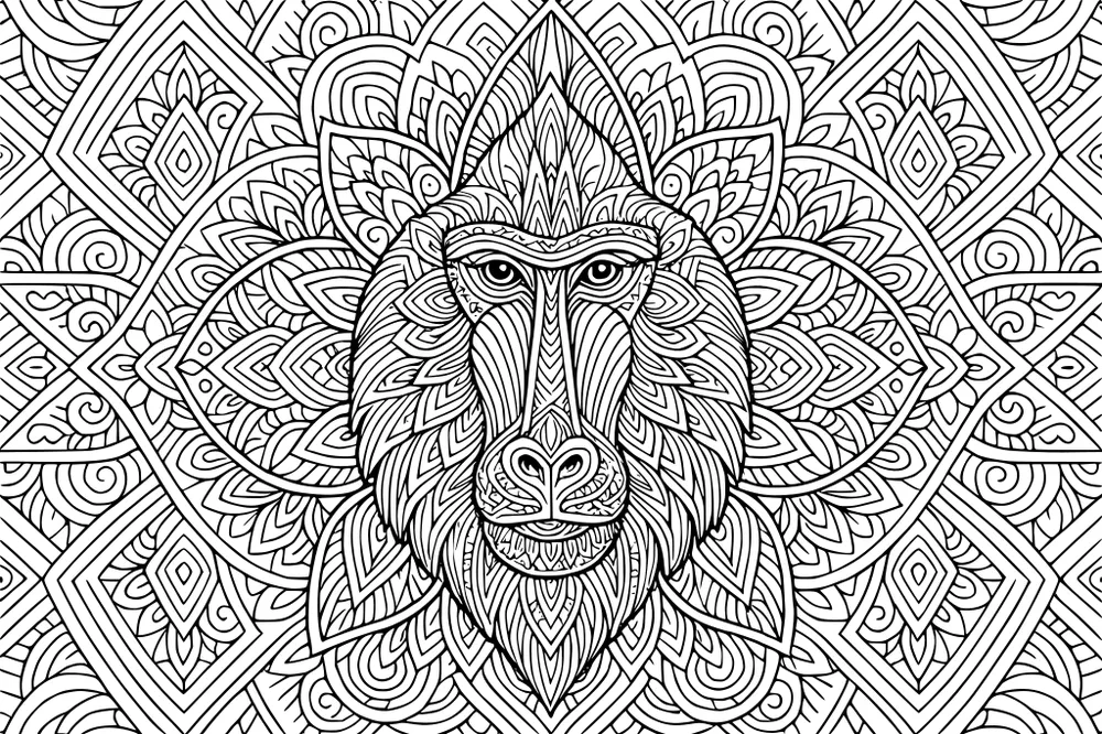 Baboon face with long fur and swirling patterns, surrounded by geometric and leafy designs.
