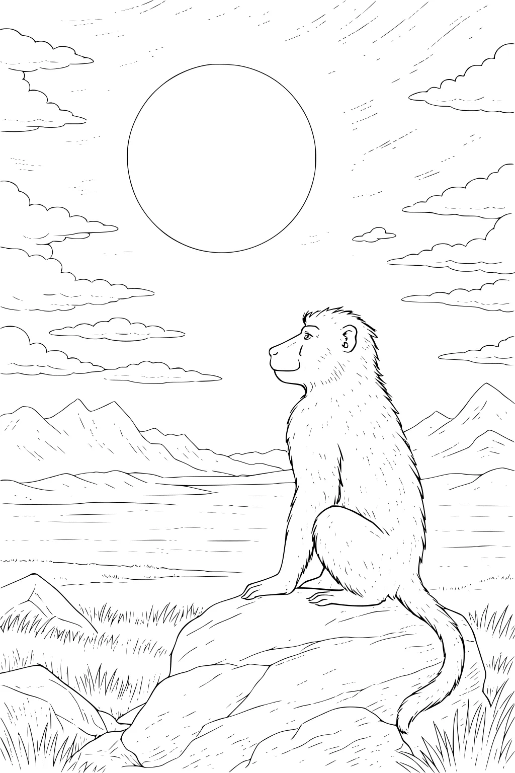 Baboon sitting on a rock facing a large sun with mountains, lake, clouds, and grassy landscape behind him.