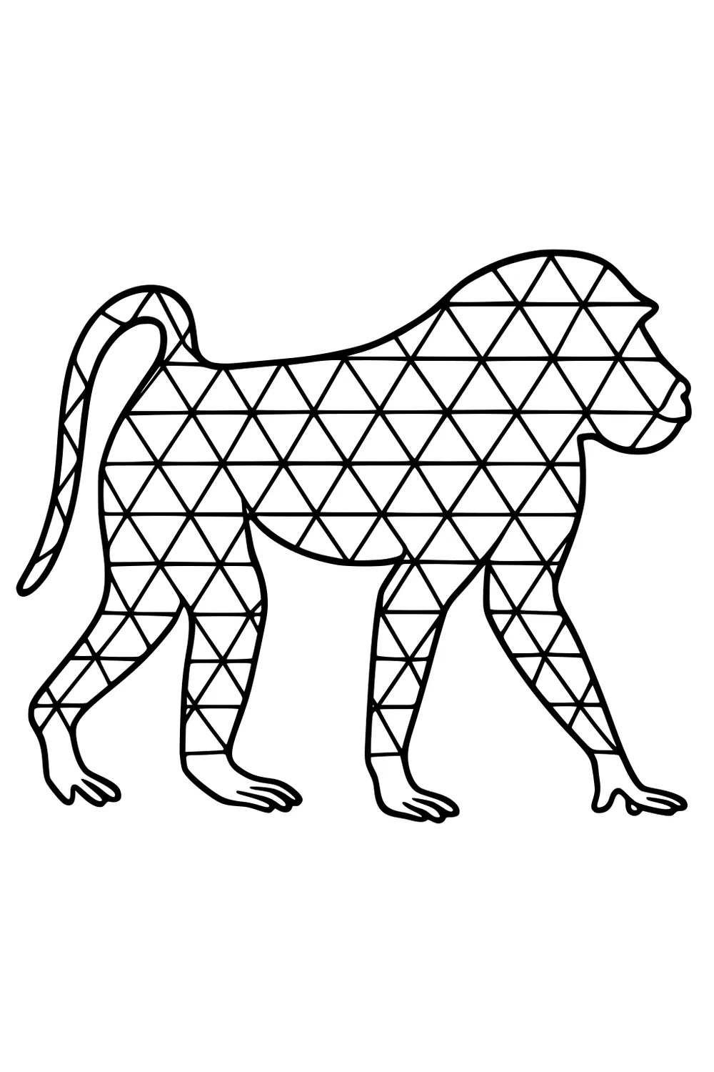 Baboon outlined with geometric triangles walking on all fours, side view with curved tail.