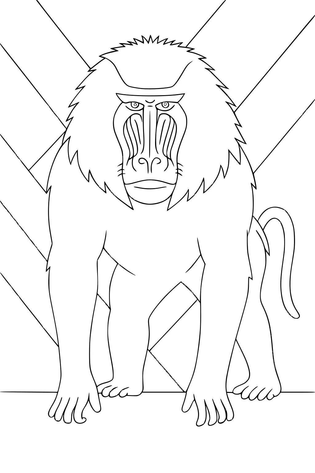 A baboon stands on all fours with a striped, zig-zag background, showing a furry mane and patterned face.