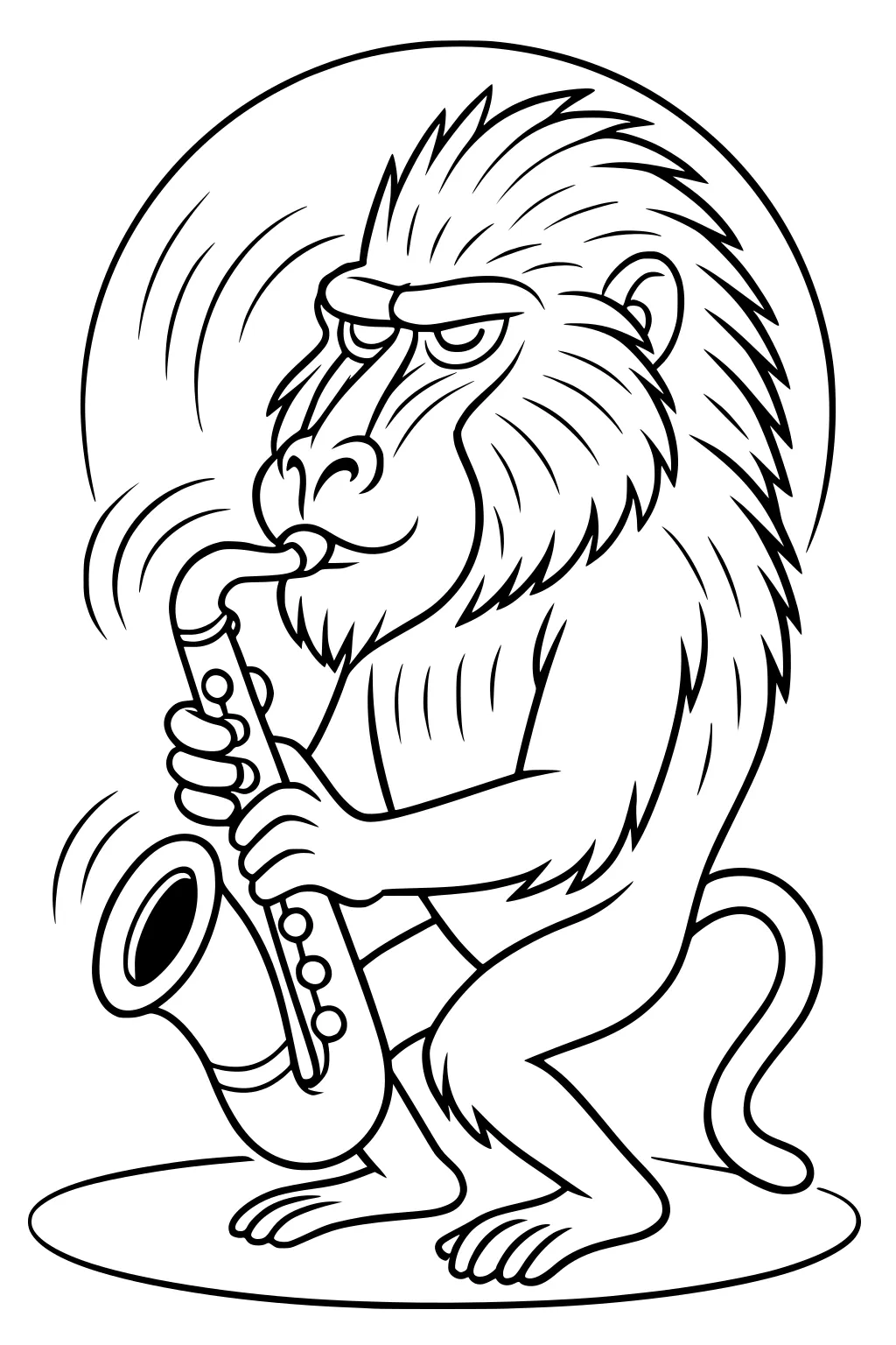 Cartoon baboon crouching and playing a saxophone, with fur details and lively motion lines around the music.