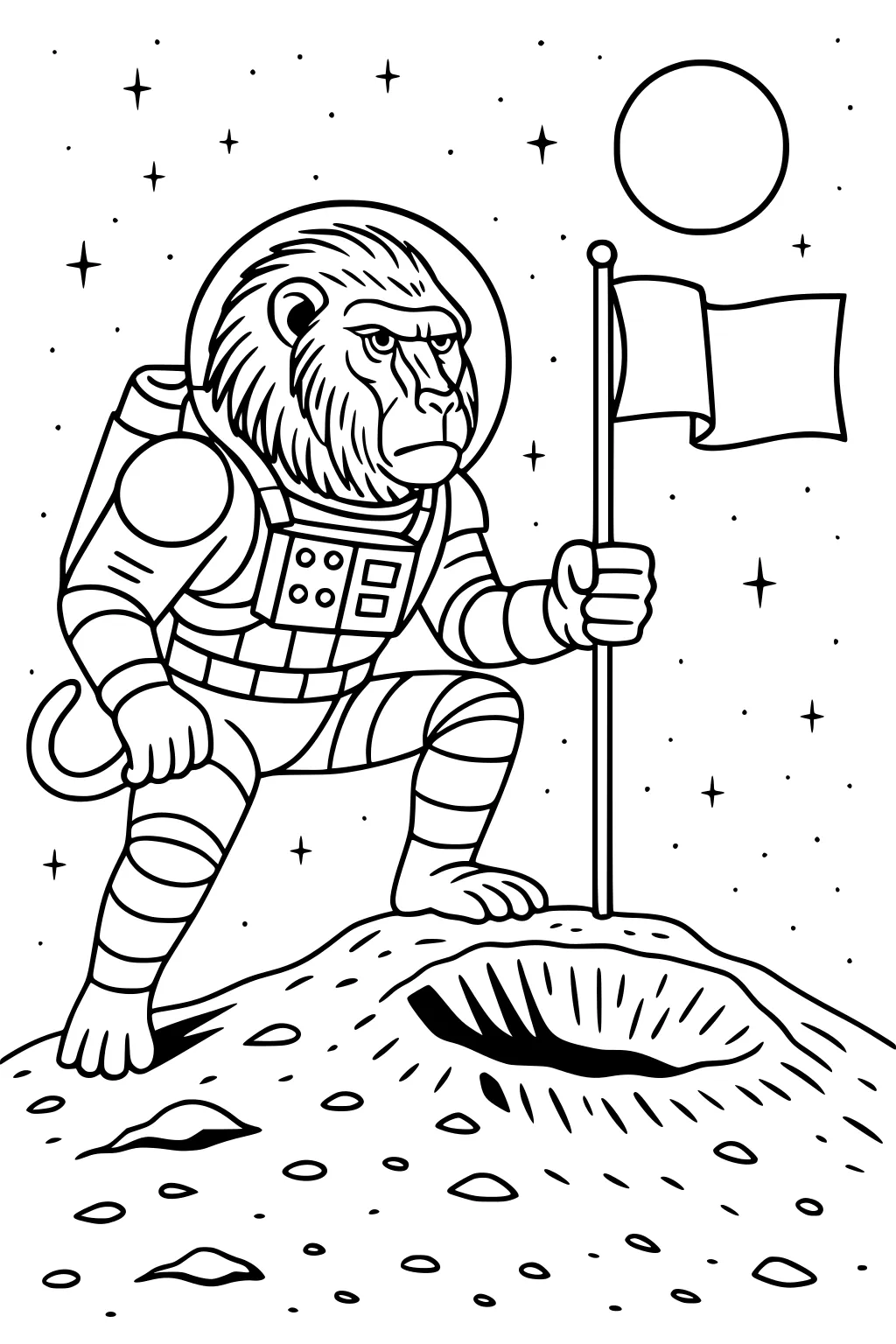 Baboon in an astronaut suit holding a flag on the moon, surrounded by stars and a large crater.