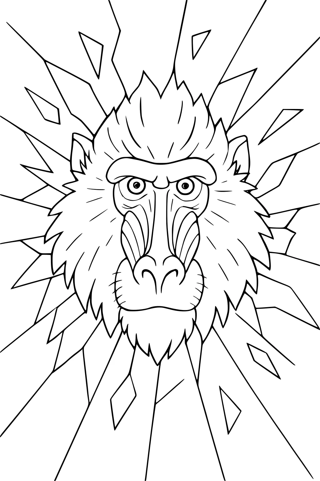 Baboon head with spiky fur, detailed face lines, geometric rays in background.