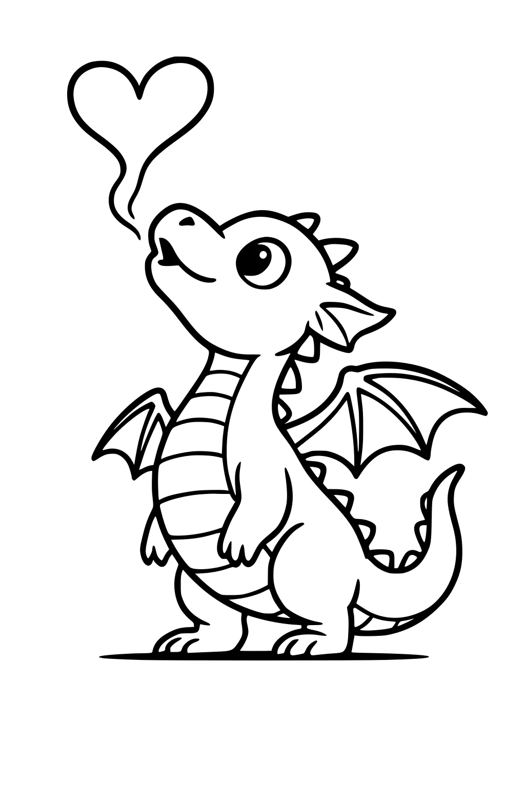 Baby dragon blows a heart-shaped puff while standing, small wings open, striped belly, head frills and tail spikes, bold outline.