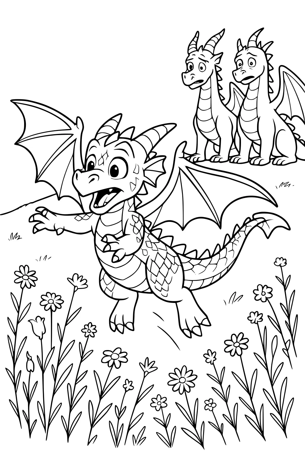 Baby dragon runs through a flower meadow, wings spread. Two larger dragons watch from a hill. Bold cartoon lines and scales.