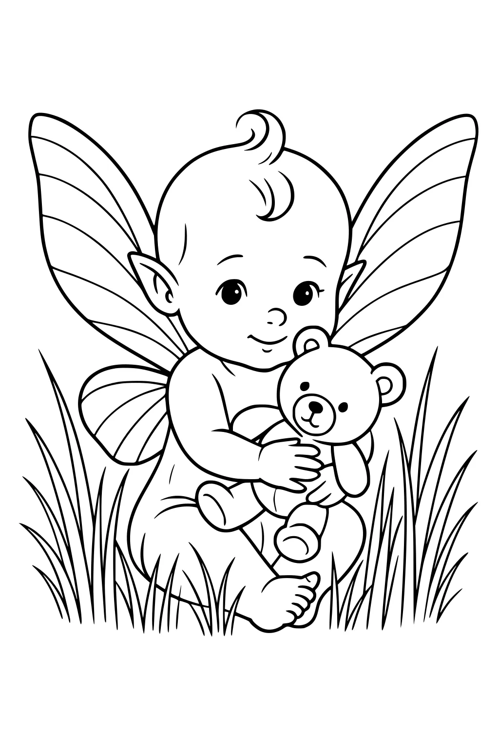 Baby fairy boy with large striped wings sitting in tall grass, smiling and hugging a small teddy bear.