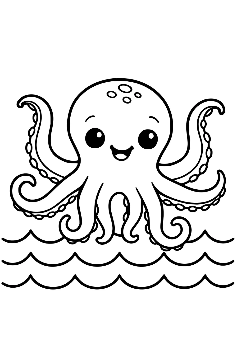 Smiling cartoon kraken with eight curling tentacles above simple ocean waves, with suction cup circles and small spots on its head.
